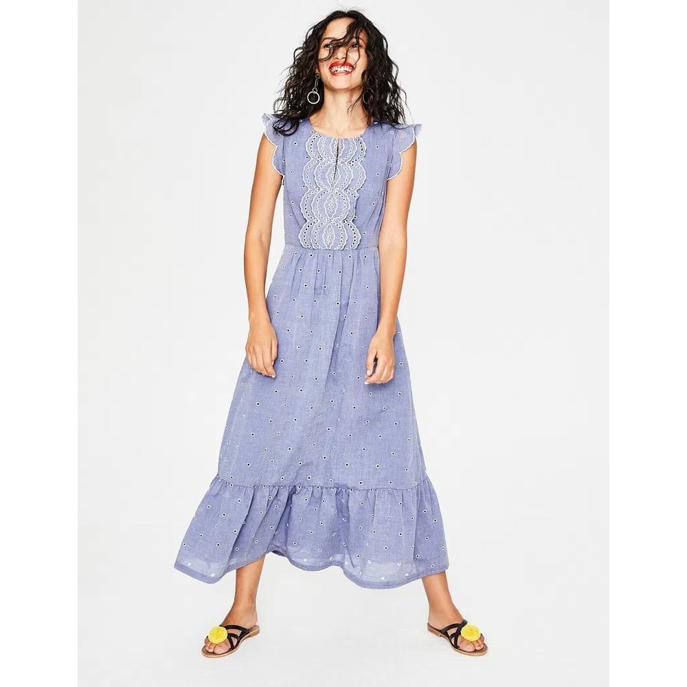 Boden Blue 100% Cotton Eyelet Embroidered Tiered Midi Dress Flutter Sleeve US 6R